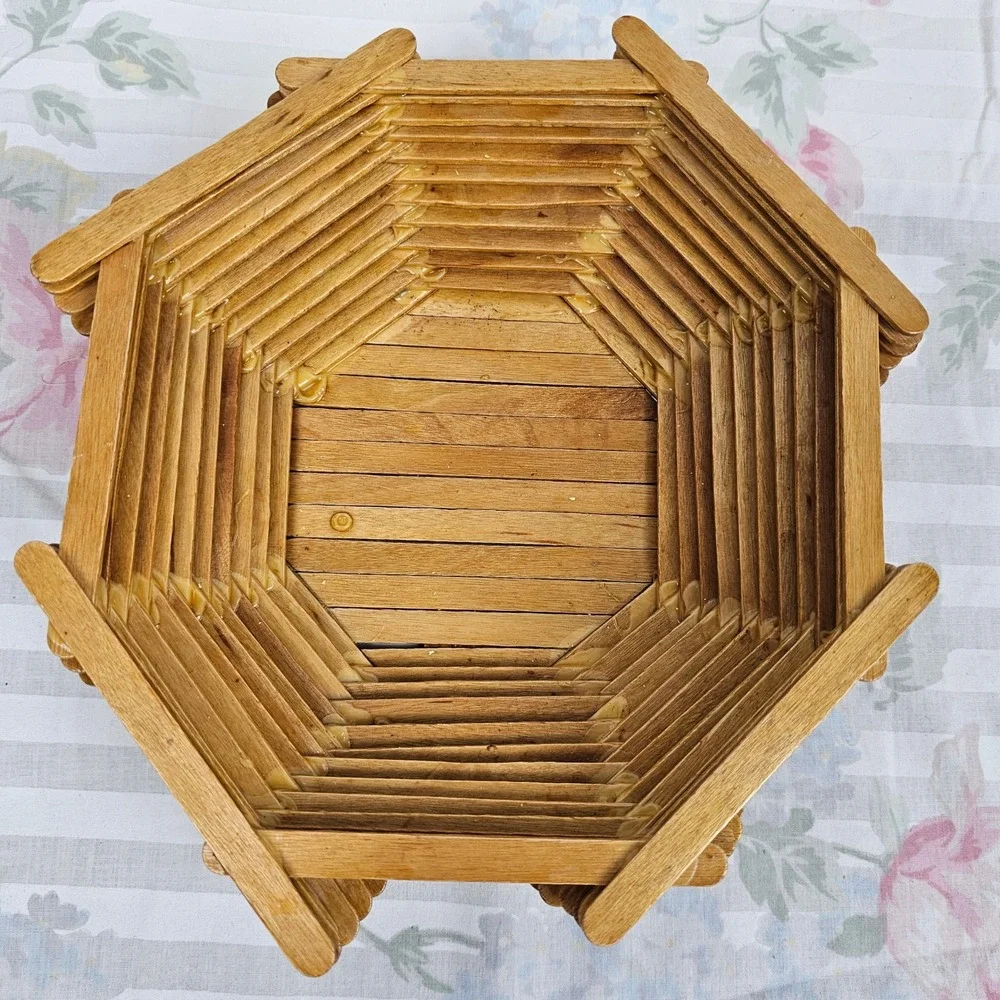 Handmade Wooden Popsicle Stick Octagon Basket Bowl Decorative Centerpiece‎